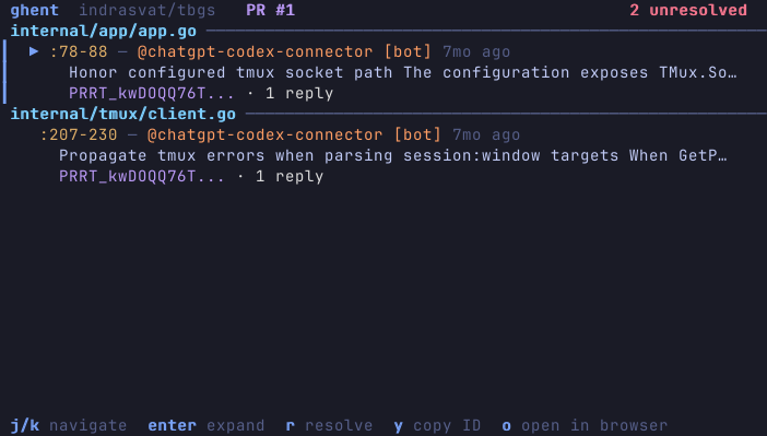 ghent comments TUI grouped by file